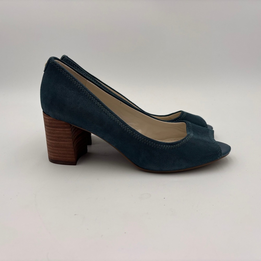 Anne Klein Meredith Pump Womens 7.5M Teal Excellent Peep Toe Block Heel Leather